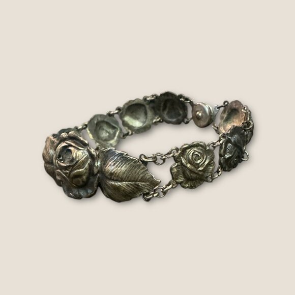 Antique Vintage Rose Relief Bracelet Silver Tone 8" Closure Elegant Floral Desig - Picture 6 of 11